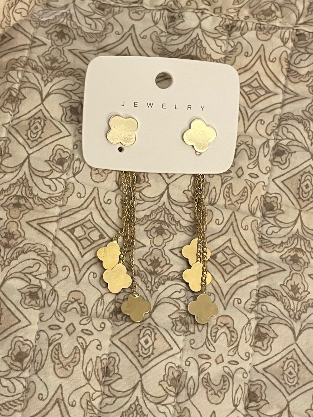 Gold Tone Four Leaf Clover Earrings with Chain Drop on Backs